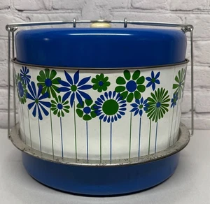 Vtg Metal Cake Pie Carrier Blue Floral Triple Decker 70s Flower Power Retro - Picture 1 of 24