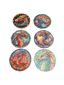 NEW wood round coasters set of 6 dragons - Picture 1 of 3