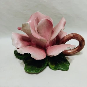 Vintage Capodimonte Rose Candle Holder With Handle Pink Made in Italy - Picture 1 of 10
