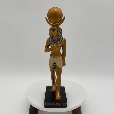 Egyptian God Horus Falcon Head Statue Golden Sun Disc Headdress Figurine - Image 1 of 4