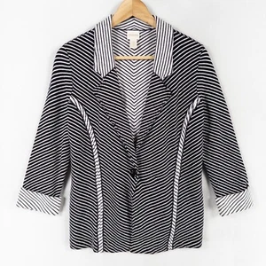 Chico's 0 US Small 4 Knit Blazer Cardigan Black White Stripe 3/4 Sleeve Womens - Picture 1 of 9