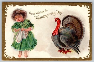 Vintage Embossed Thanksgiving Turkey Girl Child Postcard - D20 - Picture 1 of 2