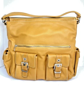 Bolso/tote de cuero Perlina para mujer, amarillo cosecha, varios bolsillos con herrajes cromados - Imagen 1 de 15