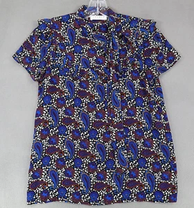 Sandro Paris Womens Silk Floral Top Sz 1/S Short Ruffle Sleeves Tie Neck Boho - Bild 1 von 8