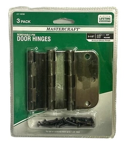 Mastercraft 3 Pack Removable Door Hinges 3 1/2" 5/8"Round Antique Brass Finish - Picture 1 of 3