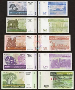 MADAGASCAR 100-2000 Ariary Set 5 pezzi 2004-2009 P-86 87 88 89 90 UNC - Foto 1 di 6