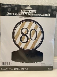 Black/Gold 80th Birthday Honeycomb Centerpiece 11.7" x 9" Paper Decoration - Picture 1 of 3