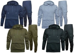 Mens Slim Fit Tracksuit Set 1/4 Quarter Zip Hoodie Tapered Cargo Joggers S - 2XL - Picture 1 of 9