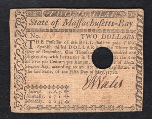 MAY 5, 1780 $2 TWO DOLLARS MASSACHUSETTS BAY COLONIAL CURRENCY NOTE - Picture 1 of 2