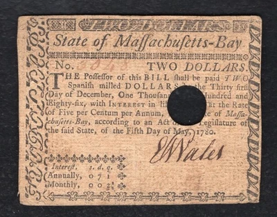 MAY 5, 1780 $2 TWO DOLLARS MASSACHUSETTS BAY COLONIAL CURRENCY NOTE - Image 1 of 2