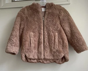 ZARA Girls Soft Plush Faux Fur Tan Full Zip Jacket w Hood Hoodie Sz 8 Medium - Picture 1 of 5