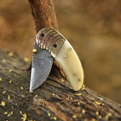 Handmade Damascus Steel Folding Blade Pocket Knife  - Tactical Outdoor - Sheath - Image 1 of 4