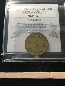 1925 HCN GJ Iceland, 1 Krona, Coin Mart Graded**VF-20** KM# 3.1 - Picture 1 of 8