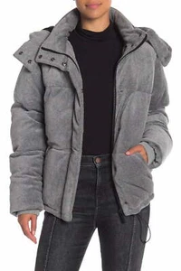 Kendall & Kylie Women Oversized Velour Puffer Jacket Heather Grey Hooded Coat *S - Picture 1 of 3