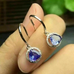 4Ct Trillion Cut VVS1 Blue Tanzanite Drop/Dangle Earrings 14K White Gold Finish - Picture 1 of 5