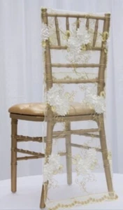 1 X Ivory/Gold Vintage Veil Chiavari /chiffon Chair Full Hood Back Cover Wedding - Picture 1 of 10