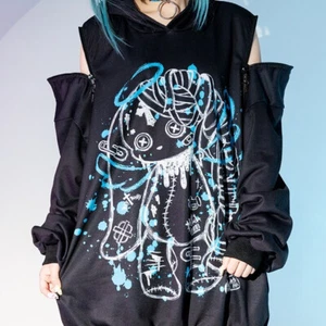 Punk Emo Angel Wing Bunny Ears Shoulder ZIP Hoodie ONE SIZE - Picture 1 of 3
