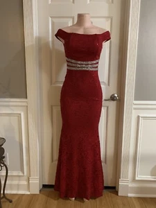 Women Junior Red lace sequins Shoulder Off maxi dress Size (M) Zipper Back - Picture 1 of 12