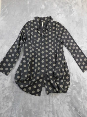 Comfy USA Shirt Womens Large Black Gray Polka Dot Button Front Tunic Bubble Hem - Image 1 of 4