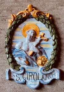 grande targa devozionale terracotta dipinta a mano S. Girolamo , cm. 25 x 38 - Foto 1 di 5