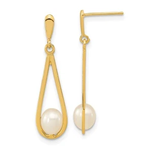 14k Yellow Gold 5-6mm Freshwater Cultured Pearl Drop & Dangle Earrings 1.31gm - Picture 1 of 4