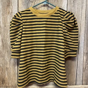 Who What Wear Short Sleeve Puff Sleeve Sweater Women’s Small Golden Black Stripe - Picture 1 of 3