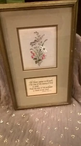 Vintage handgestickt in der Schweiz Blumenmuster gerahmtes Kunstwerk mit Schrift - Bild 1 von 5