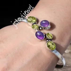 Peridot Cut & Amethyst Gemstone 925 Sterling Silver Bracelet Cuff For Friend - Picture 1 of 5