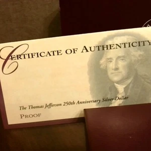 1993 S Thomas Jefferson 250th Anniversary Silber Dollar mit Zertifikat. - Bild 1 von 6