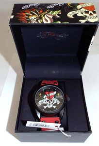 Neu Herren Ed Hardy Totenkopf rot Silikon Armband Uhr 46mm Boot Tauchen UVP $ 95 - Bild 1 von 4