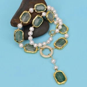 20'' Cultured White Pearl Gold Plated Green Strawberry Quartz Necklace Pendant - Picture 1 of 9