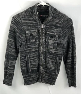 Guess Cardigan Sweater Jacket 8 Blk/Gray Marled Zip Front Mock Collar Pockets - Picture 1 of 5