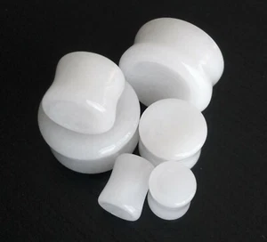 PAIR Concave White Jade Stone Plugs Earlets Organic Ear Piercing Gauges - Picture 1 of 6