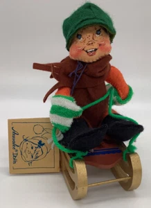 Annalee Doll Boy on Sled 1989 6.5” 7258 Open Eyes And Mouth, Teeth With Tag - Picture 1 of 8