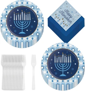 Happy Hanukkah Menorah & Star of David Blue Paper Dinner Plates, Luncheon Napkin - Picture 1 of 5