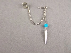 Aqua bead Silver tone dangle post SPIKE earrings ear Cuff 3" long chain spiked - Picture 1 of 4