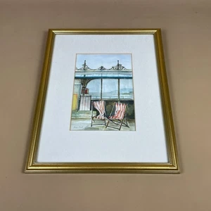 Cuadro artístico enmarcado costero original acuarela Brian Pratt tumbonas costeras - Imagen 1 de 10