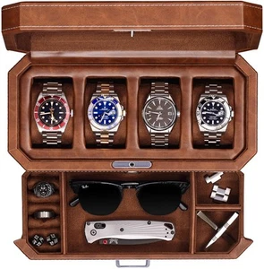 4 Slot Leather Watch Box with Valet Drawer - Luxury Case Display Jewelry Orga... - Picture 1 of 3