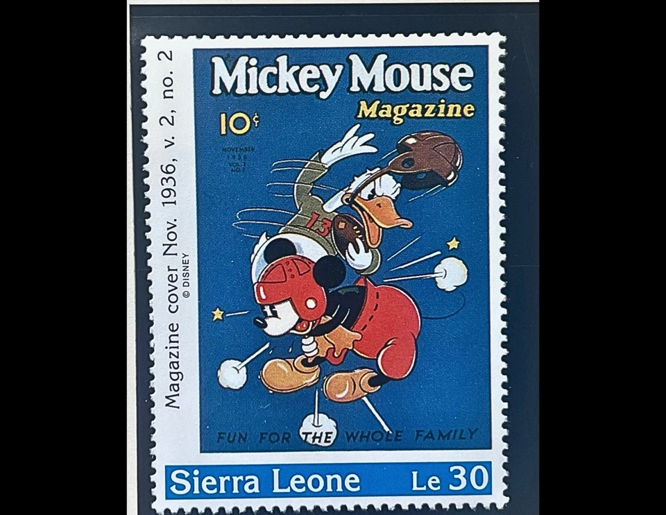 Selo postal da Disney Serra Leoa edição de novembro de 1936 revista Mickey Mouse, sem marca de charneira - Imagem 1 de 1