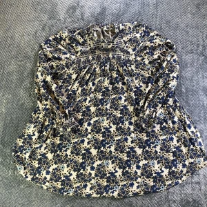 Free People Flowers In Her Hair blau weiß Blumen gesmokte Tunika Top Landhaus | XS - Bild 1 von 10