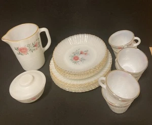 Vtg Termocrisa Milk Glass Dishes RARE Floral Red/Coral w/Green Gold Rim 20 Piece - Picture 1 of 21