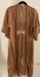 Rebellion Rust Tan Boho Lace Beach Cover Up Long Kimono Open Layer Top M - Picture 1 of 5