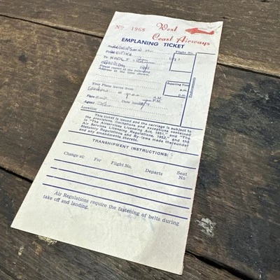 West Coast Airways New Zealand 1960’s Emplaning Ticket No.1968 - image 1 of 4