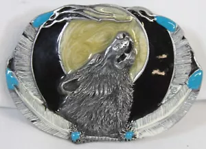 Vtg Siskiyou Belt Buckle Howling Wolf at Moon Enameled Feathers Turquoise Big 94 - Picture 1 of 7