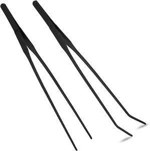 2 Pcs 11 Inch Black Long Handle Stainless Steel Straight and Curved Tweezers Nip - Picture 1 of 5