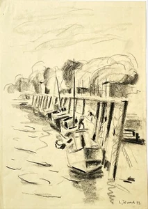 Erich WESSEL Kohlezeichnung Hafen Hamburg , "Neue Sachlichkeit", signiert 1933 - Bild 1 von 1