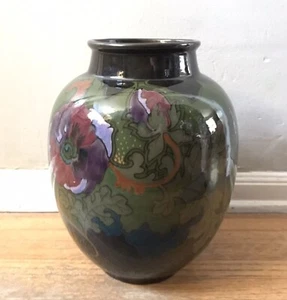 Antique Large Gloss Gouda Floral Vase Palmet Arnhem Black Green Aqua Purple 11" - Picture 1 of 7