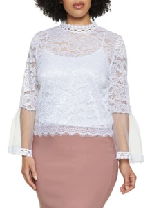 Women Plus Size White Lacey Bell Sleeves Mock Neck Sheer Blouse. Size 1XL. - Picture 1 of 2
