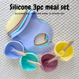 Silicone Bib, Suction Bowl & Spoon 3pc Set For Baby Children Toddler Feeding - Picture 1 of 19