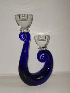 Block CRYSTAL Candle Holder Cobalt Blown Glass Swirl Double Candlestick Hungary - Picture 1 of 11